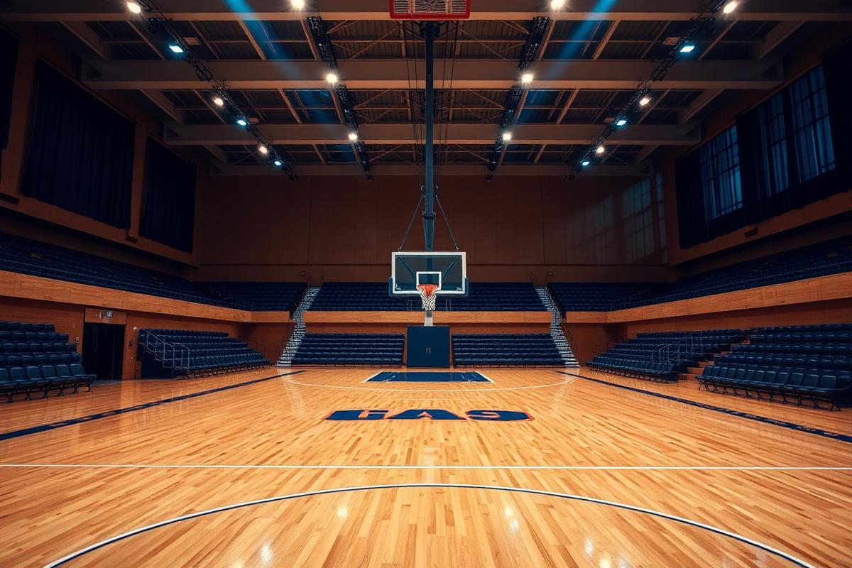 Indoor basketball court with spectator seating