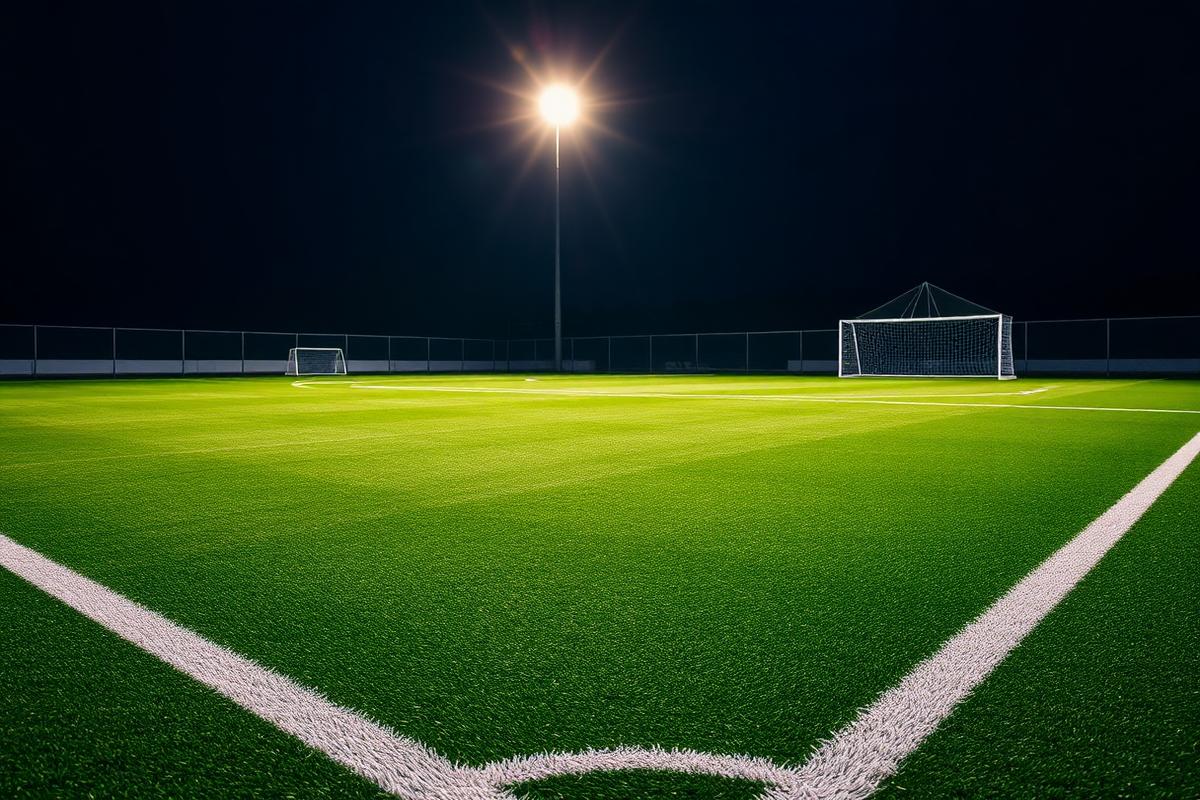 Floodlit five-a-side football turf at night